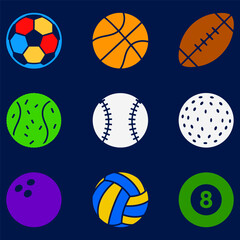 Obraz premium A set of bright colorful icons of various sports balls on a dark blue background, including soccer, basketball, rugby, tennis, baseball, golf, bowling, volleyball, and a billiard ball.