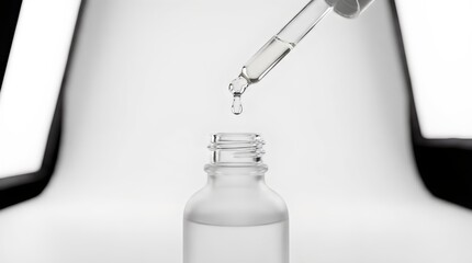 Glass Dropper Dispensing Serum Into Cosmetic Bottle