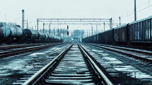 Railroad tracks extending into the distance at an industrial depot, with various types of freight and tank cars parked on parallel railway lines under an overcast sky