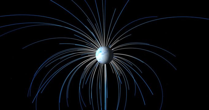 The abstract planet rotates in space, and the lines of its magnetic field are dynamically shifting the mesmerizing dance of energies creates a sense of cosmic force and movement.