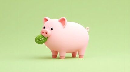 Pig chewing food, Cute 3D Pig with Leaf in Mouth on Green Background