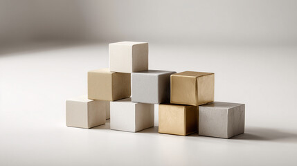 Obraz premium Wooden Cubes in a Pyramid Arrangement: A modern and minimalist display of wooden cubes, artfully arranged in a pyramid, reflecting a sense of balance, construction and harmony.