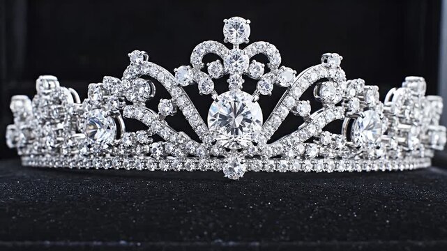 Diamond Tiara on Black Background - A stunning silver tiara encrusted with sparkling diamonds rests on a dark velvet surface.