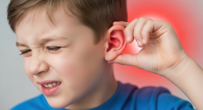 Little boy suffering from strong ear pain touching his ear, close up portrait with red inflammation zone.