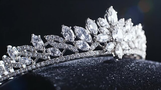 Luxurious Diamond Tiara - A close-up shot showcases a stunning diamond tiara, adorned with sparkling marquise-cut gems, sitting on a dark textured surface.