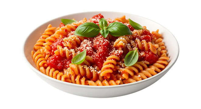 Bowl of rotini pasta with rich tomato sauce, fresh basil, and parmesan cheese, isolated transparent PNG