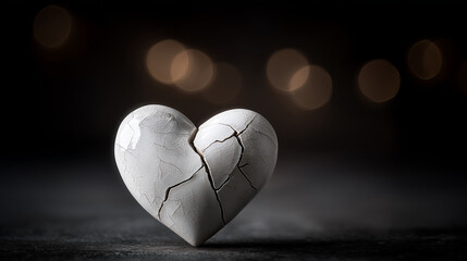 Fototapeta premium Heartbreak: A cracked ceramic heart lies shattered on a dark surface, symbolizing fragility and emotional pain.