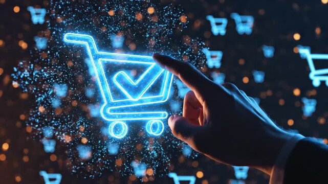 Hand interacting with glowing blue digital shopping cart icons in a futuristic online shopping concept.