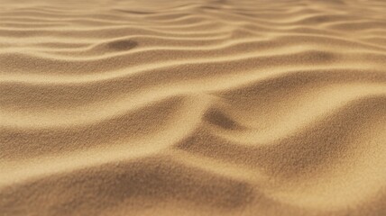 Fototapeta premium Golden Desert Sand Dunes In Soft Light. Close up of fine rippled sand forming gentle waves and warm shadows, creating a serene natural desert background.