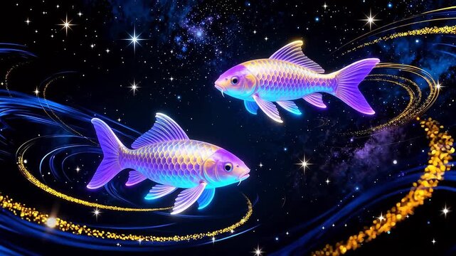 Two glowing fish in space