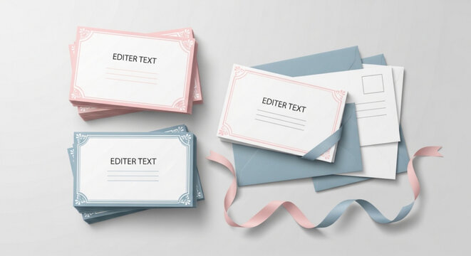 Stationery set with blank cards and envelopes in pastel colors on white background perfect for invitations and greeting cards