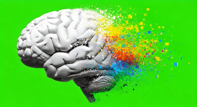 Human brain exploding into colorful particles 