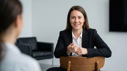 Businesswoman in a suit smiling and gesturing during a meeting with a colleague