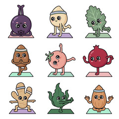 Cute cartoon vegetables and fruits doing yoga poses on mats