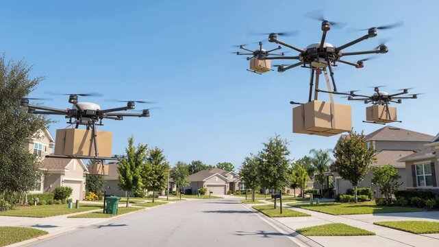 Autonomous drone delivers parcel delivery across suburban neighborhood sunny day showcasing contactless delivery logistics and modern transportation