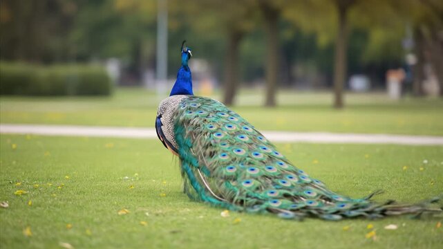 Majestic Peacock Walks Gracefully on Lush Green Grass in a Park