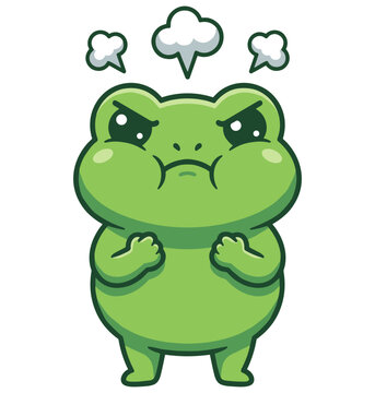 An angry green frog cartoon with puffed cheeks and stormy clouds above its head