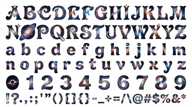 font alphabet in galaxy starfield style from a to z numbers punctuation isolated on white background