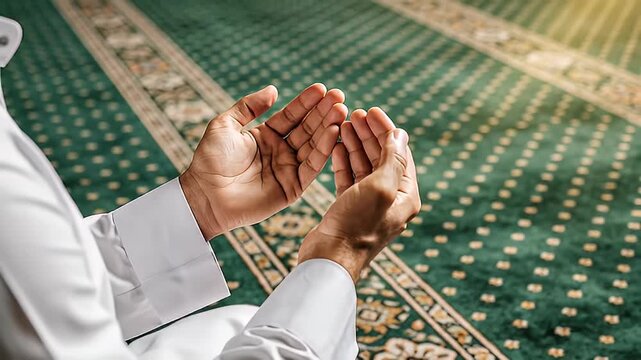 Muslim Man Praying on Prayer Rug with Hands Open, Islamic Worship
