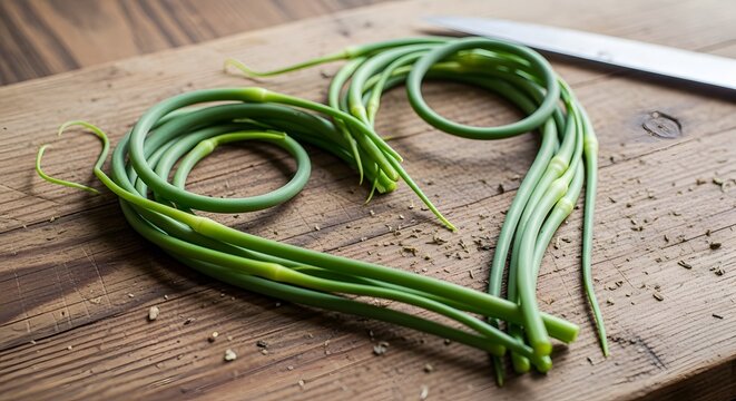 Heart-shaped garlic scapes arranged on a wooden cutting board with a knife, emphasizing fresh, organic produce.
