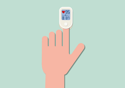 Pulse oximeter clipped on finger, illustration