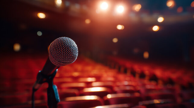 A microphone stands on a stage in a theater. The seats are empty and lights shine from above, showing readiness for a performance. The atmosphere suggests anticipation for an event.