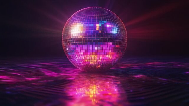 Shimmering disco ball spinning with vibrant reflections, creating a retro dance party atmosphere, perfect for nightlife event promotion or music video backdrop
