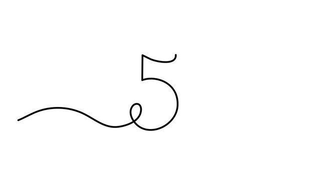 Number five one line art animation, hand drawn 5 fifth sign continuous drawing contour motion, numeric mathematical outline minimalist numeral digit symbol movie. 4k self-drawing video