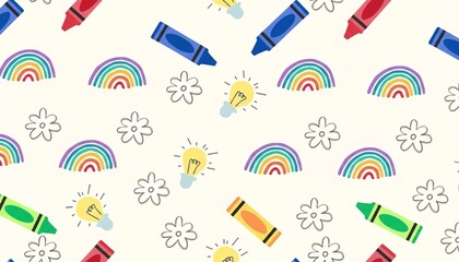 A colorful pattern of crayons, rainbows, flowers, and lightbulbs on a white background