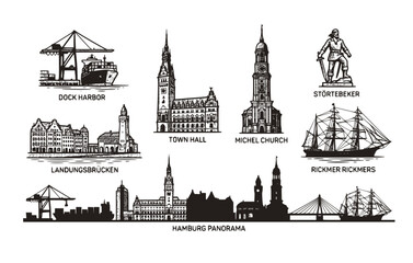 Fototapeta premium Black White Halftone Hamburg Skyline Colorful Harbor Town Hall Set 6 Sketch Landungsbrücken Michel Störtebeker-Dock Crane Bridge Vector Set