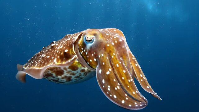 Graceful Cuttlefish in Deep Blue Ocean - This close-up underwater shot features a brown cuttlefish with spotted skin gliding gracefully through the deep blue ocean.