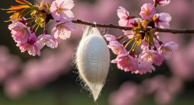 A white silkworm cocoon hangs from a delicate cherry blossom branch in bloom during a peaceful spring day.