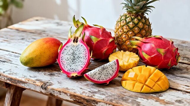 Tropical fruits on wooden table