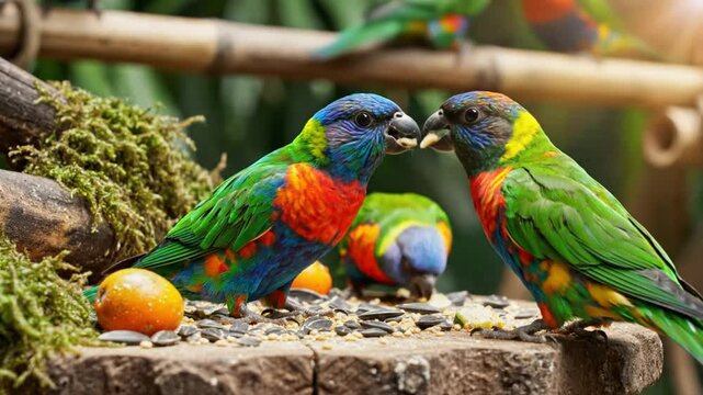 Rainbow lorikeets enjoy a feast of seeds and fruit in a colorful, natural habitat with bamboo and lush greenery