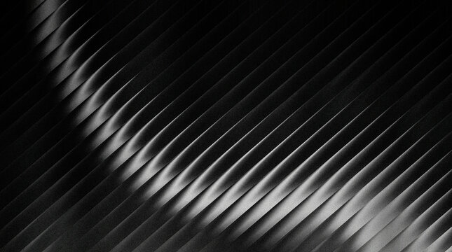 Grainy ribbed abstract dark background with diagonal lines and light reflection, texture of carbon fiber or ribbed surface, dramatic contrast, monochrome pattern