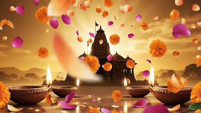 Spiritual Rama Navami: Soft Saffron-Gold Gradient, Temple Silhouette, Glowing Diyas, Drifting Petals