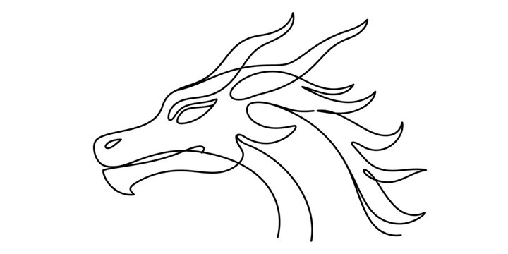 Minimalist line art illustration of a mythical dragon head with flowing mane and sharp features.