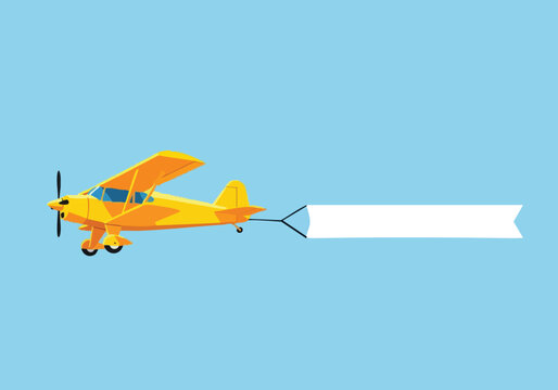 Yellow biplane towing blank banner. Advertising airplane. Flat vector illustration. Sky background. Message display.