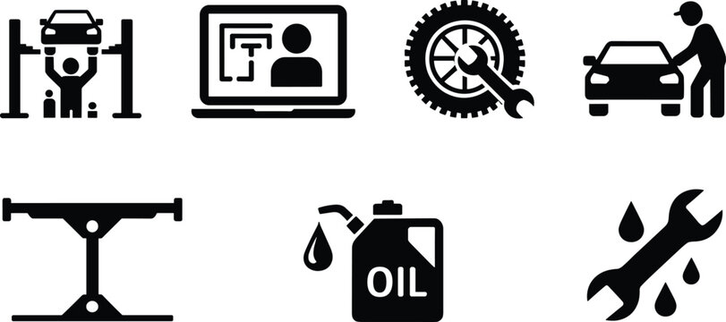 Automotive repair icons silhouettes, mechanic car lift, diagnostics laptop design, oil can symbol, wrench gear graphic, vehicle maintenance sequence