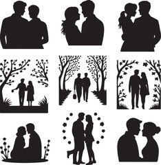black silhouette couples and people in various romantic poses and settings