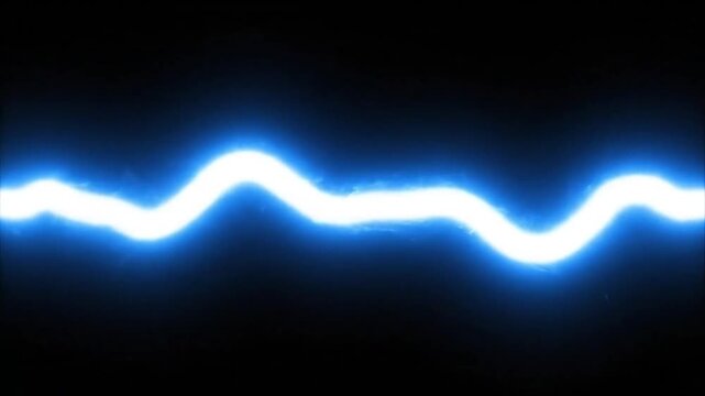 Bright electric blue lightning bolt strikes against a dark black background emitting sparks