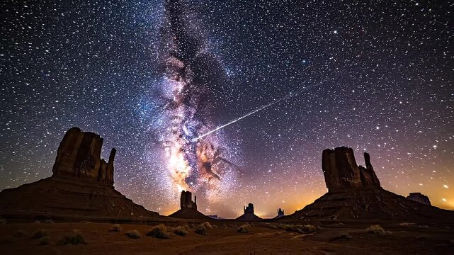 Ethereal figure appears in glowing Milky Way as meteor streaks over Monument Valley at night.
