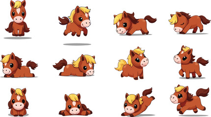 Cute cartoon brown pony mascot character set in playful poses © Husmath