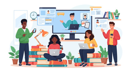 Remote Collaboration, Team, Home Office, Illustration, Indoor Workspace, Flat View, Digital Connection