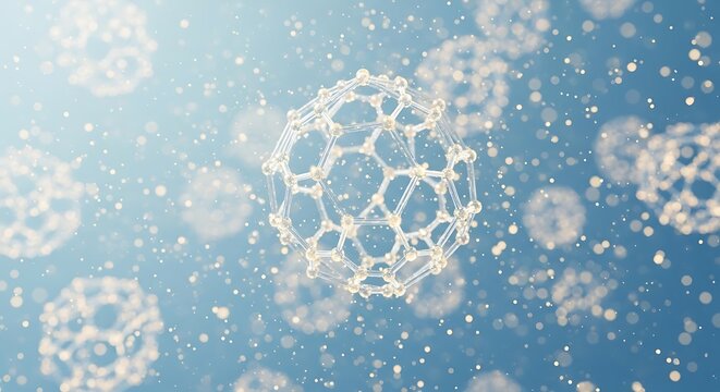3D Rendered Transparent Fullerene Molecule Structure (C60 Buckyball) on a Shimmering Blue Background with Bokeh Lights, Representing Nanotechnology