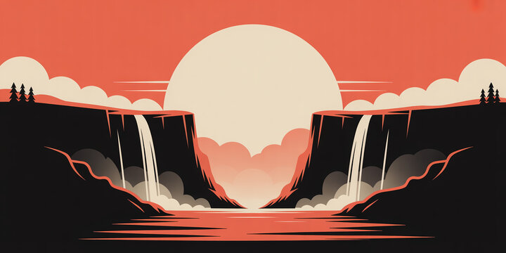 Minimalist flat vector landscape of waterfalls and river at sunrise