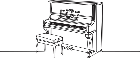 A continuous line drawing of a vintage upright piano with stool, featuring classic wood design and ornate detail, symbolizing Old Time Player Piano Da. one line Icon drawing © Mofazzelh