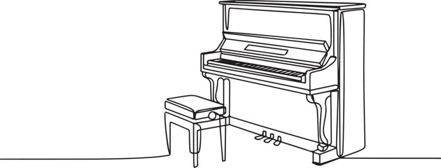 A continuous line drawing of a vintage upright piano with stool, featuring classic wood design and ornate detail, symbolizing Old Time Player Piano Da. one line Icon drawing © Mofazzelh
