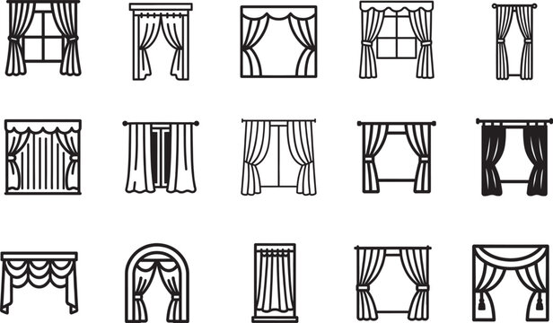 Curtains vector icons in outline style for windows, doorways, theater stages, narrow and wide.