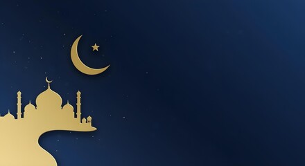 Naklejka premium Mosque Silhouette with Crescent Moon for Ramadan Night